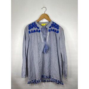 Roller Rabbit Size XS Blue Striped Tassel Tunic Top Long Sleeve 100% Linen GUC